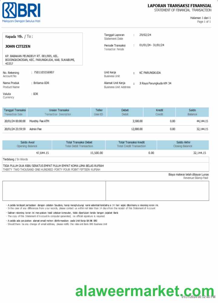 Indonesia Bank BRI statement Word and PDF example